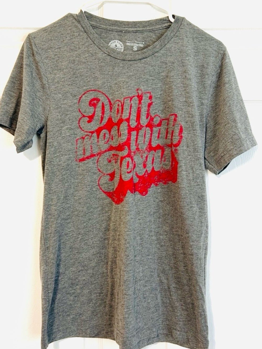 4 for $25! Women's Gray Short Sleeve Graphic Tee with Red Print